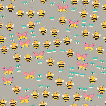Cartoon bees and butterflies seamless pattern
