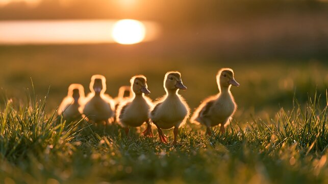 夕暮れの芝生を一列になって歩く愛らしいアヒルのヒナたち、温かみのあるシネマティックな逆光の背景素材
