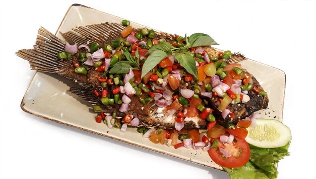 Fried gourami fish with sambal matah spicy Indonesian food on plate