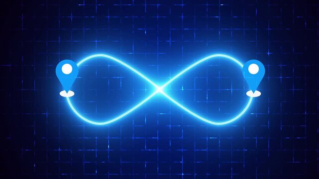 4K Neon Infinity Route with Map Pin on a grid background. Glowing Infinity GPS navigation route for delivery services, Online shops, UI, Buying process, and Business Marketing.