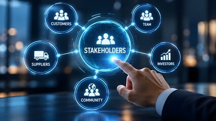 Obraz premium Hand touching digital stakeholder management dashboard with interconnected business relationship nodes