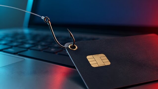 Black credit card dangling from a fishing hook near a laptop keyboard highlighted with red light representing cyber threat and data theft