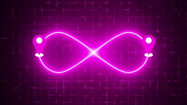 4K Neon Infinity Route with Map Pin on a grid background. Glowing Infinity GPS navigation route for delivery services, Online shops, UI, Buying process, and Business Marketing.