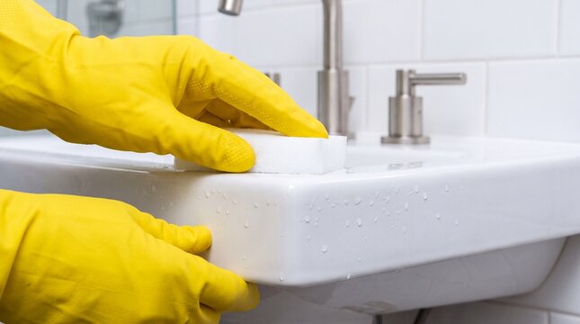 Professional Cleaner Wearing Yellow Gloves Cleaning White Bathroom Sink