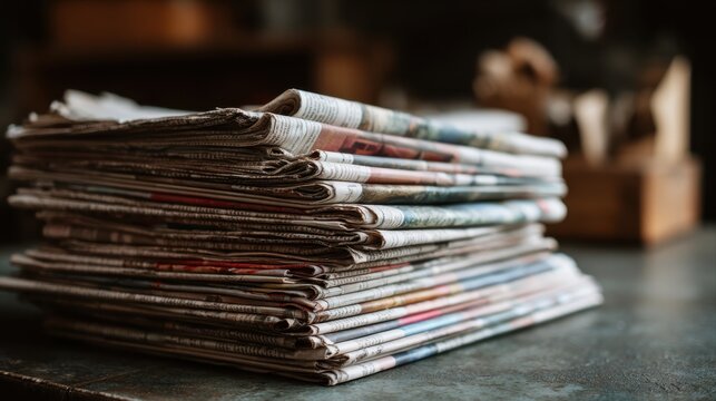 Pile of newspapers on table. Folded and stacked journals.
