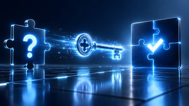 Glowing key unlocking puzzle pieces from question mark to checkmark representing problem solving and business solution concept