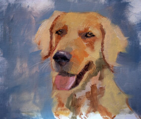 Ritratto artistico in primo piano di cane Golden Retriever felice con lingua fuori, dipinto ad olio in stile espressionista su sfondo azzurro e grigio © Ilarialapreziosa