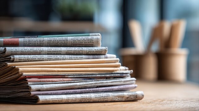 Pile of newspapers on table. Folded and stacked journals.
