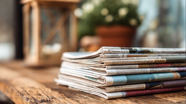 Pile of newspapers on table. Folded and stacked journals.