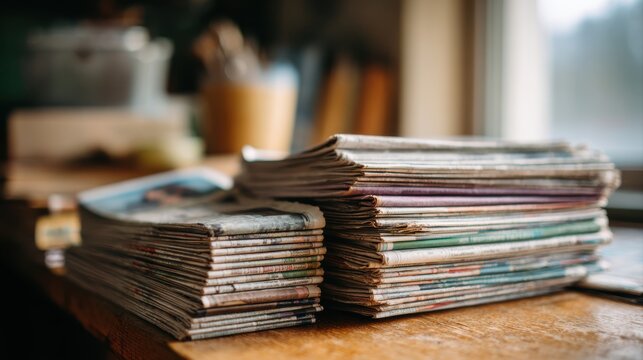 Pile of newspapers on table. Folded and stacked journals.