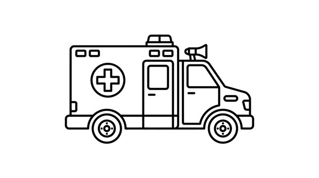 Minimalist line art illustration of an ambulance vehicle on white background