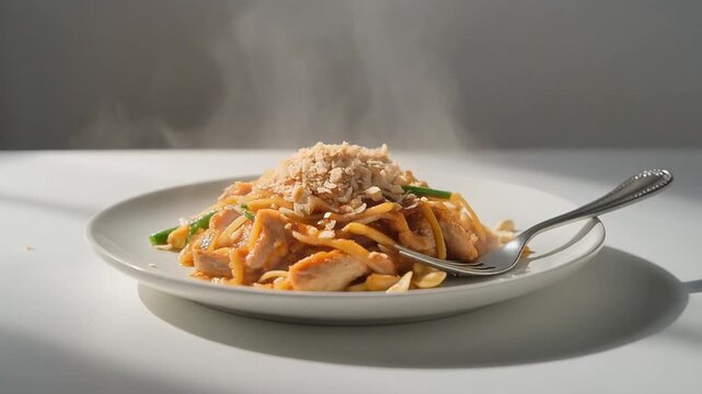 Minimalist Chicken Pad Thai with Crushed Peanuts on a Flat White Plate
