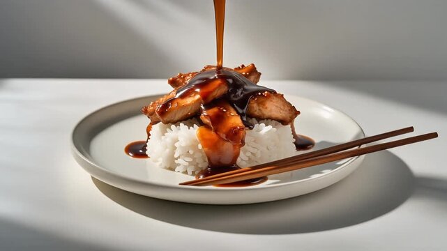 Minimalist Chicken Teriyaki with Rice on a Flat White Plate