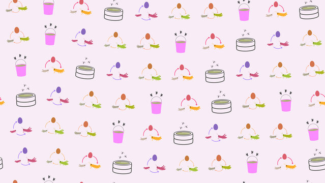 Seamless pattern of cartoon insects and simple objects