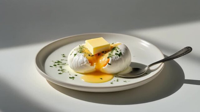Minimalist Cilbir Poached Eggs in Garlic Yoghurt on a Flat White Plate