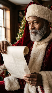 elderly african american santa claus hat holds long paper scroll wish list looking at it near window xmas tree