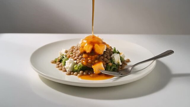 Minimalist Lentil Salad with Feta on a Flat White Plate