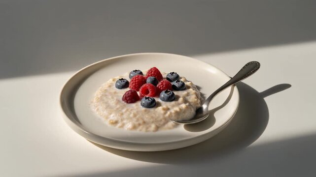 Minimalist Overnight Oats with Berries on a Flat White Plate
