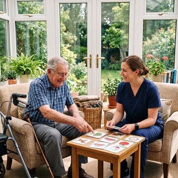 Senior man playing memory game with caregiver in sunroom for cognitive therapy and mental health