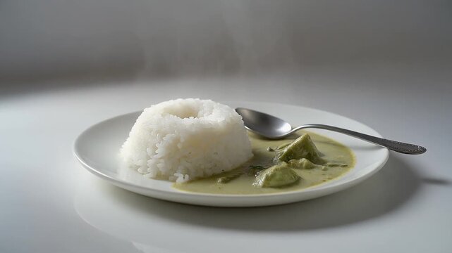 Minimalist Thai Green Curry with Jasmine Rice on a Flat White Plate