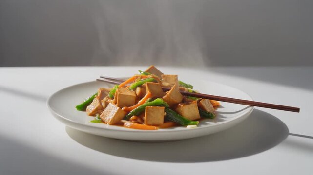 Minimalist Tofu Vegetable Stir Fry on a Flat White Plate