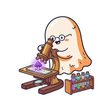Cute ghost with glasses examining glowing purple magic mushroom under antique brass microscope vector sticker isolated on transparent background