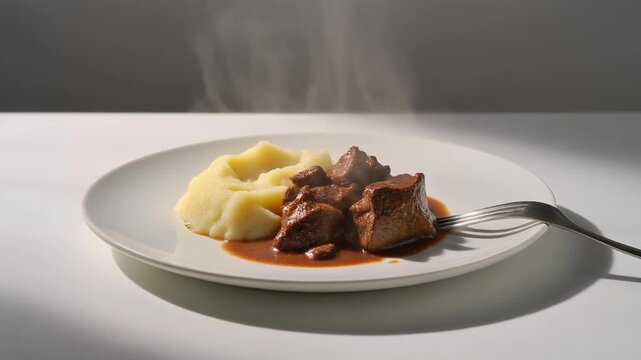 Minimalist Beef Bourguignon with Mashed Potatoes on a Flat White Plate