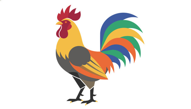 Vibrant and colorful rooster with multi-colored tail feathers stands tall against a plain white background in a stylized profile view.