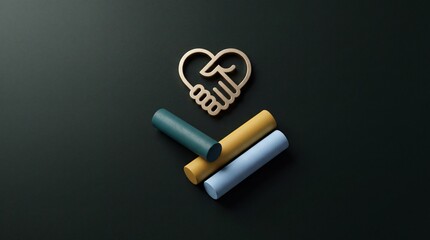 Fototapeta premium Minimalist 3D Conceptual Illustration of a Golden Heart-Shaped Handshake Symbol Above Colorful Cylinders on Dark Background, Representing Trust, Partnership, Business Agreement, and Charity Support