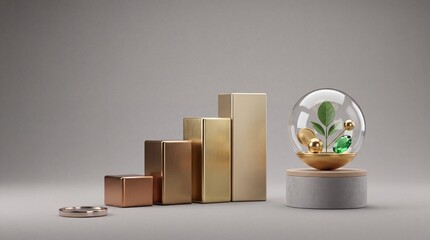 Fototapeta premium Minimalist Conceptual 3D Illustration of Financial Growth with Rising Metallic Bar Charts and a Small Green Plant in a Glass Sphere Symbolizing Sustainable Investment and Wealth Success