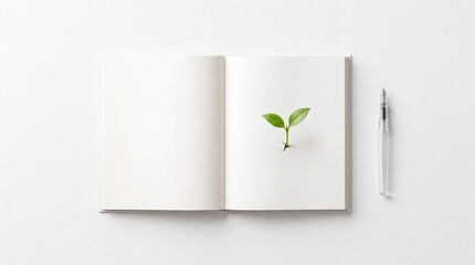 Fototapeta premium Minimalist top view of an open blank white notebook with a small green plant sprout growing from a page next to a transparent fountain pen, symbolizing creative growth, new ideas, and progress.