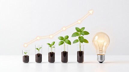 Fototapeta premium Progress and Sustainable Innovation Concept with Green Plants Growing in Test Tubes and a Glowing Light Bulb next to an Upward Growth Chart Arrow on Minimalist White Background.