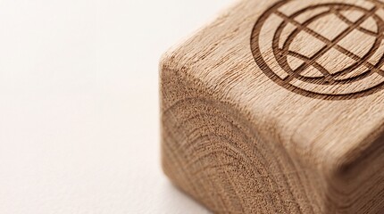 Fototapeta premium Close up macro view of a single wooden cube with an engraved globe symbol on light background, representing global business, international trade, sustainability, and worldwide connectivity concepts.