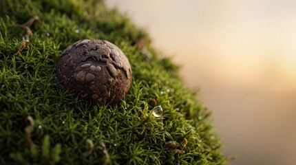 Fototapeta premium Macro Shot of a Small Earth Shaped Stone Globe Resting on Lush Green Moss with Fresh Dewdrop, Symbolizing Global Ecology, Environmental Conservation, and Nature's Beauty at Sunset Bokeh
