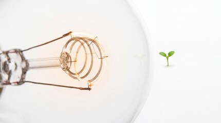 Fototapeta premium Close up macro shot of a glowing vintage light bulb filament next to a small green sprout on a white background, symbolizing green energy, sustainable innovation, growth, and ecological ideas.