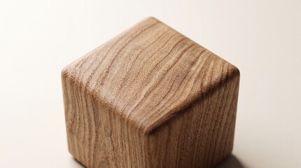Fototapeta premium Macro Shot of a Single Polished Wooden Cube with Beautiful Natural Grain Texture and Rounded Edges, Symbolizing Sustainability, Foundation, and Natural Craftsmanship on Light Background