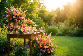 Fototapeta premium Wedding celebration and garden party decor, floral arrangements on wooden table in sunny backyard for outdoor event planning and summer festivities