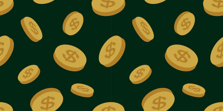 Seamless pattern gold dollar coins on black background. Vector financial wealth, money savings, business profit, currency pattern design.