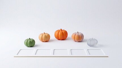 Fototapeta premium Minimalist Conceptual Image of Five Varied Colorful Pumpkins Arranged Behind Square Recessed Slots on a Clean White Surface, Representing Choice, Variety, and Autumnal Design Metaphor