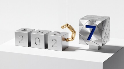 Fototapeta premium Conceptual 3D illustration of metallic blocks forming the year 2027 with a gold robotic mechanical arm on a white surface, representing future financial planning and industrial automation technology.