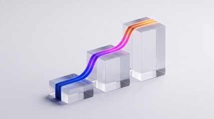 Fototapeta premium Abstract 3D business growth chart featuring glowing light path flowing over transparent glass blocks on a minimalist white background, representing financial success, data analytics, and rising