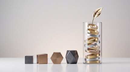 Fototapeta premium Minimalist business growth metaphor and investment success concept featuring geometric shapes and a glass jar filled with gold and silver rings topped with a golden leaf on a clean background.