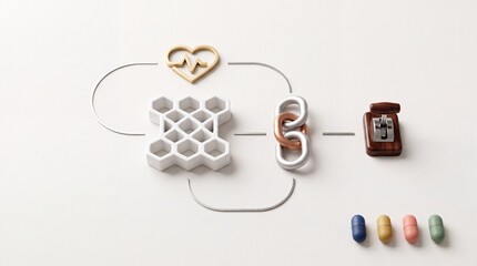Fototapeta premium Abstract 3D Conceptual Illustration Representing Healthcare Systems and Medical Metaphors with Heart Icon, Honeycomb Grid, Chain Links, Control Toggle Switch, and Pharmaceutical Pills on Background