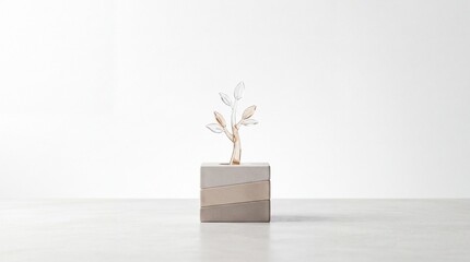 Fototapeta premium Conceptual business growth metaphor showing a delicate glass tree seedling sprouting from a solid layered stone cube foundation against a clean minimalist white background for corporate success.