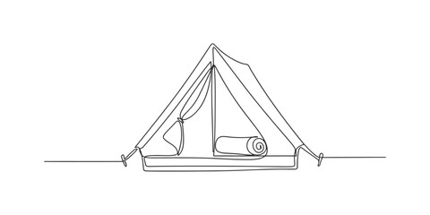 Continuous single line drawing of a camping tent with a rolled sleeping bag inside for outdoor adventure and travel concept © Nomita