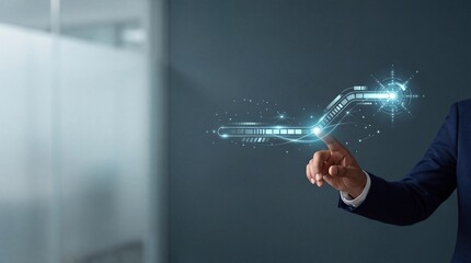 Fototapeta premium Businessman hand interacting with futuristic digital interface showing progress bar and data flow, corporate fintech and innovation concept with ample negative space on the left side.