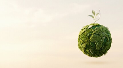 Fototapeta premium Green Mossy Earth Globe with a Small Seedling Sprout Growing on Top and Copyspace on the Left, Representing Sustainability, Environmental Protection, Ecology, and Green Living Concepts