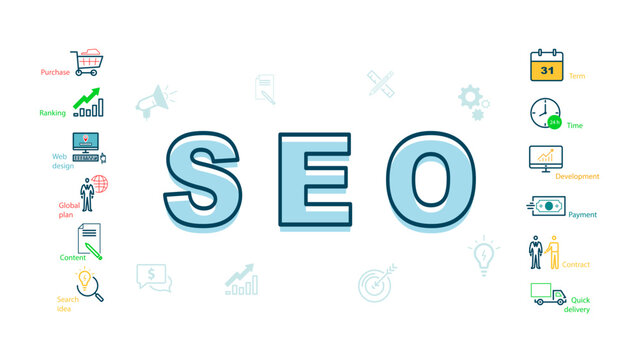 Top SEO trends for your website ranking in the future. Search engine optimization. info graphics, business icon template, flat design, sign options. Use in business technology. Vector infographics