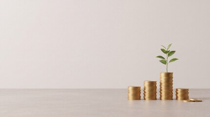 Fototapeta premium Investment and financial growth concept featuring rising stacks of gold coins with a small green plant sapling growing out of the tallest pile against a clean background with negative space left