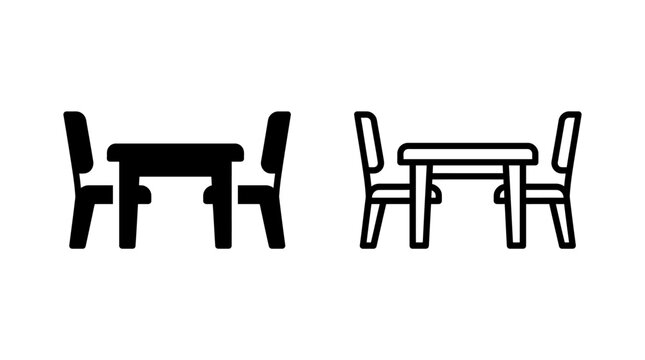 Table and chairs furniture icon set in solid black and outline styles